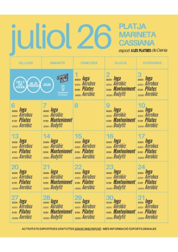 Horarios y disciplinas de las actividades en la playa de la Marineta Cassiana durante el mes de julio