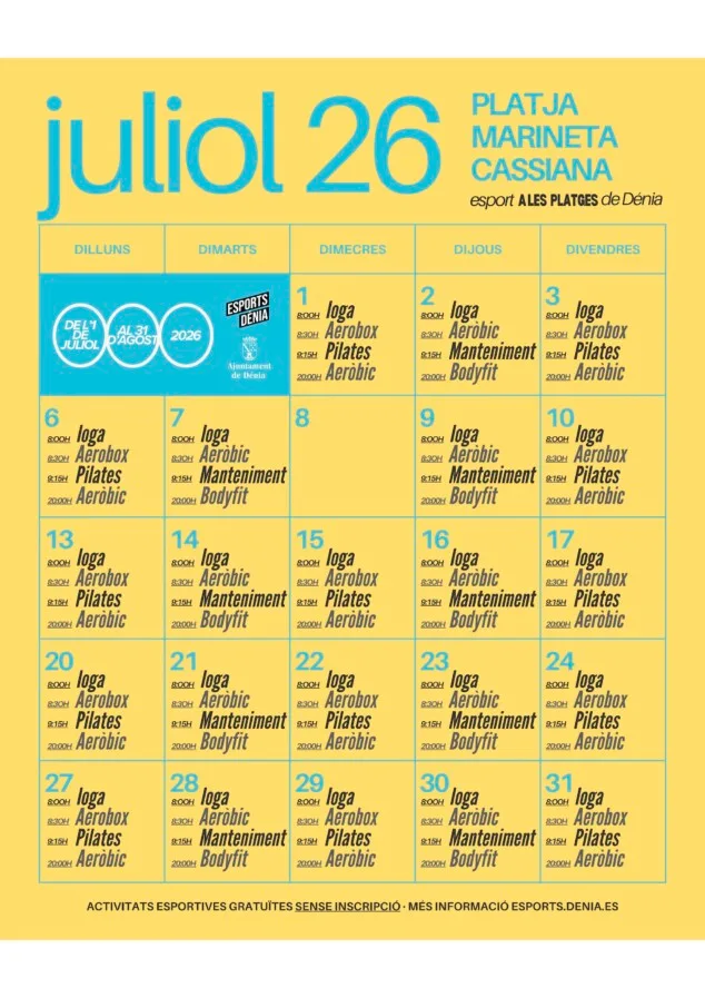 Yoga, aeróbic y pilates, entre las opciones gratuitas en las playas de Dénia desde julio 3 horarios y disciplinas de las actividades en la playa de la marineta cassiana durante el mes de julio