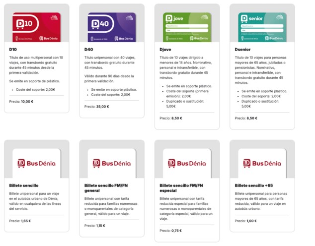 Imagen: Listado de tarifas, precios y tipos de billetes de Bus Dénia, incluyendo los bonos de transporte D10, D40, Djove, Dsenior y billetes sencillos reducidos