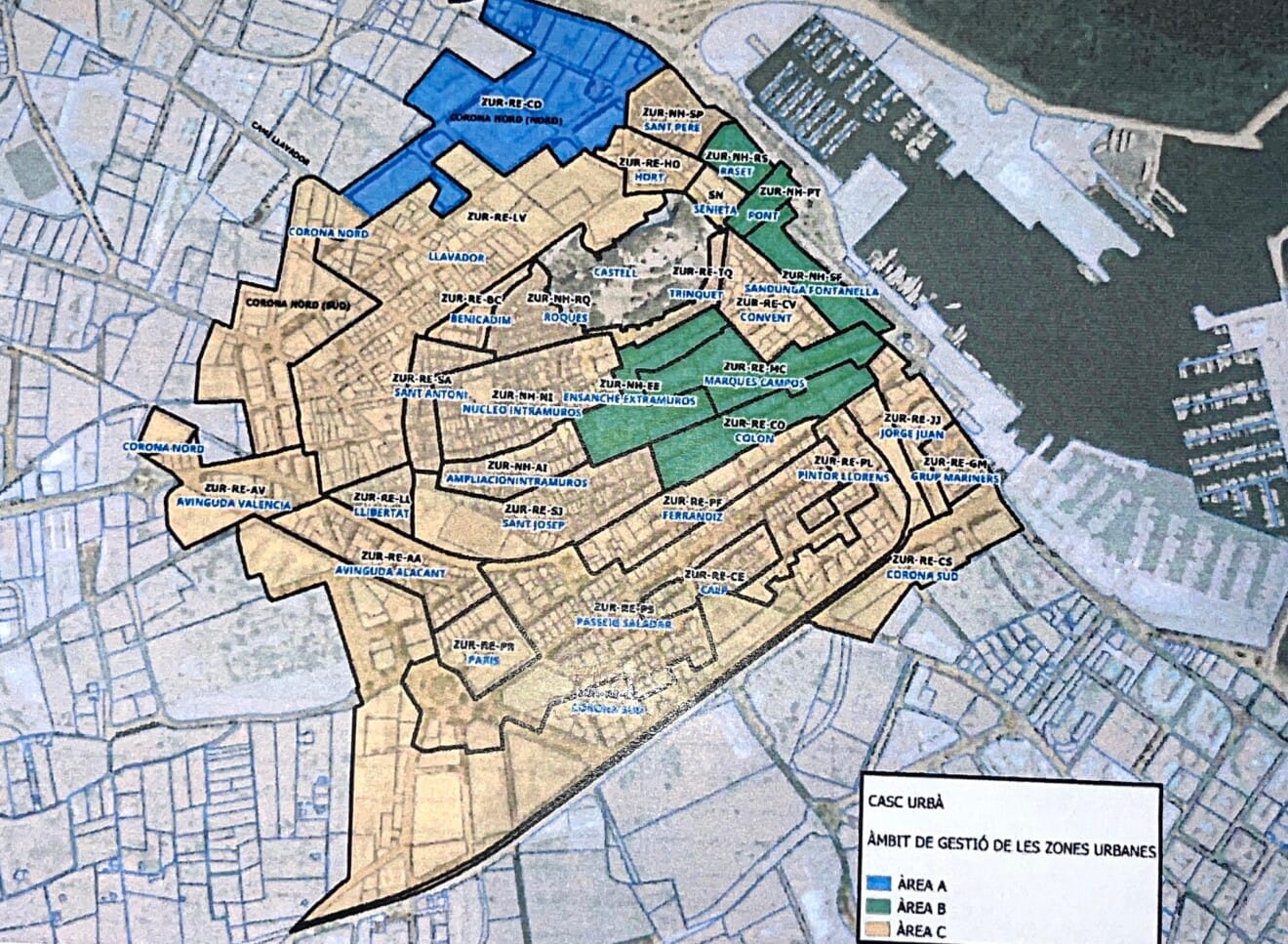 Plano de Dénia dividida por zonas según su ámbito respecto a los alquileres turísticos