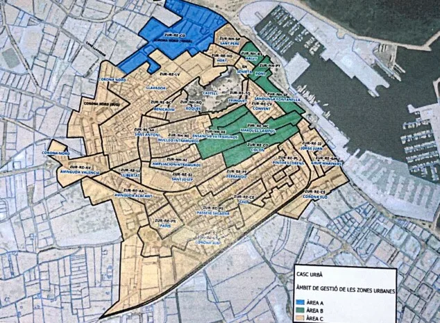 Imatge: Plànol de Dénia dividida per zones segons el seu àmbit respecte als lloguers turístics