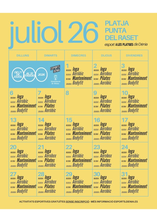 programacion completa de las sesiones gratuitas en la punta del raset para el mes de julio