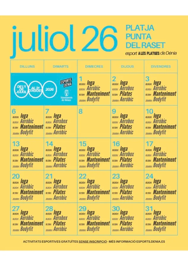 Yoga, aeróbic y pilates, entre las opciones gratuitas en las playas de Dénia desde julio 2 programacion completa de las sesiones gratuitas en la punta del raset para el mes de julio