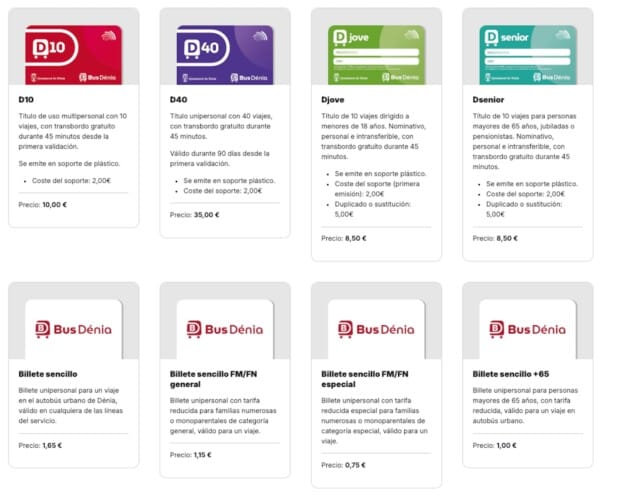 Imagen: Listado de tarifas, precios y tipos de billetes de Bus Dénia, incluyendo los bonos de transporte D10, D40, Djove, Dsenior y billetes sencillos reducidos