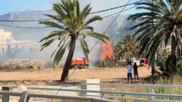 Incendio en Dénia: más de una docena de bomberos y 2 medios aéreos luchan contra las llamas descontroladas junto a Punta del Raset 18 bomberos luchando contra las llamas junto a la playa de denia