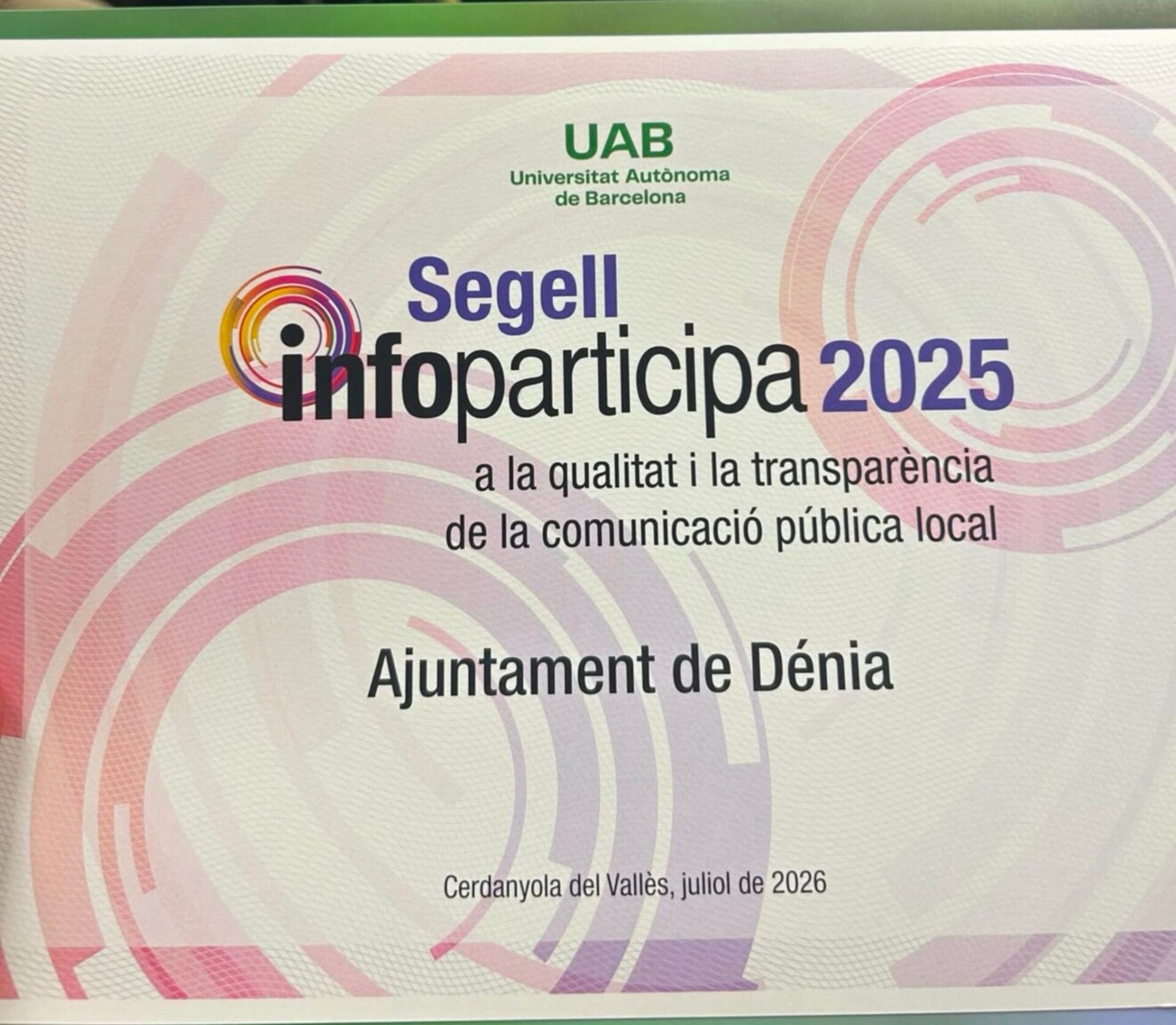 Certificado del Sello Infoparticipa 2025 otorgado al Ayuntamiento de Dénia