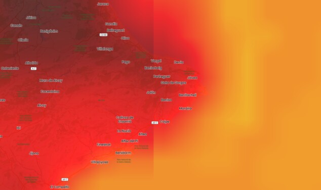 El tiempo en las Fiestas de Dénia: la AEMET avisa de lo que viene para la Santíssima Sang 1 Imagen: Mapa de temperatura en el litoral norte de Alicante durante la semana de Fiestas de Dénia
