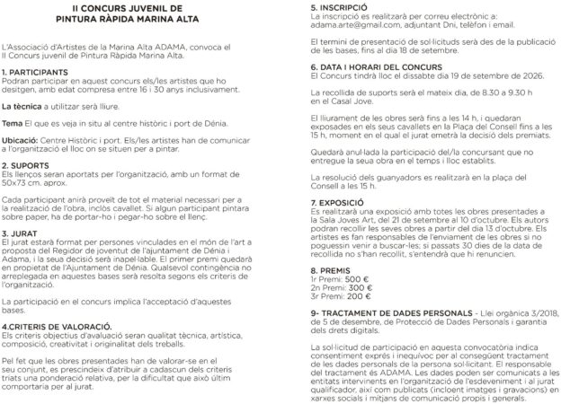 Imagen: Imagen del documento de texto con las bases completas del II Concurso Juvenil de Pintura Rápida Marina Alta.