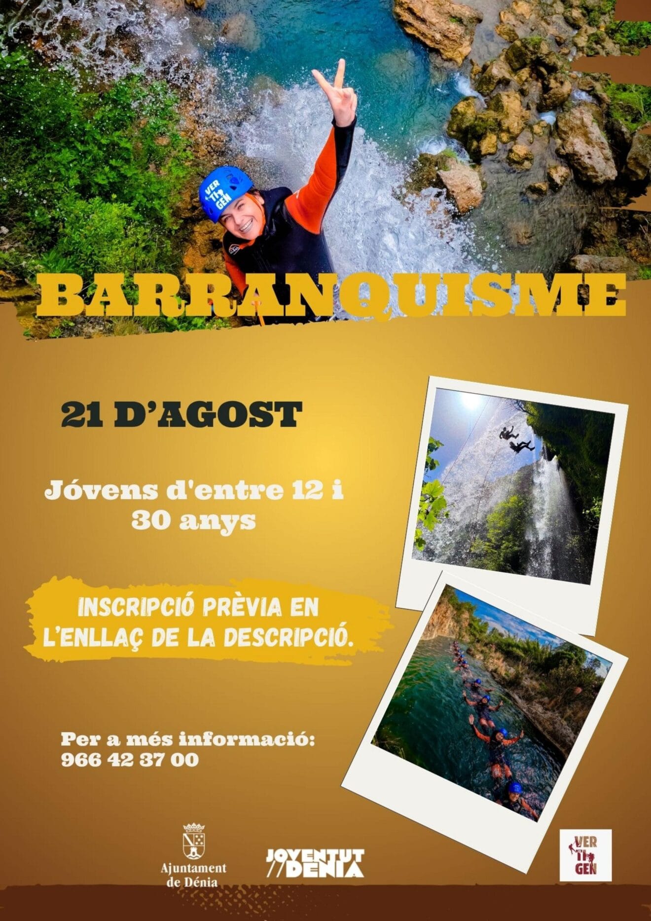 Cartel de la actividad de barranquismo en Dénia