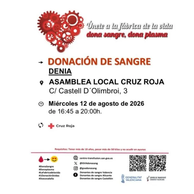 Dénia renueva su compromiso solidario con una jornada de donación de sangre 2 Imagen: Cartel con información sobre la donación de sangre en Dénia el 12 de agosto de 2026 en Cruz Roja.