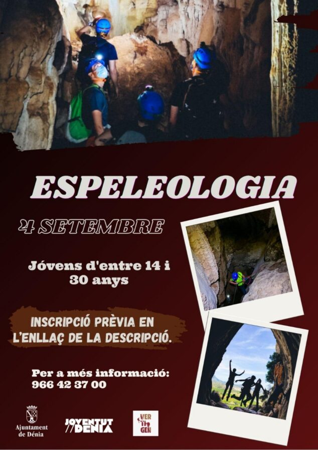 Juventud Dénia abre inscripciones para una actividad gratuita de espeleología 1 Imagen: Cartel promocional de la actividad de espeleología para jóvenes en Dénia.