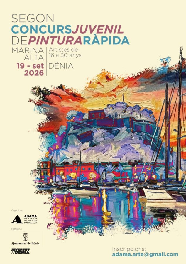 Imagen: Cartel promocional del II Concurso Juvenil de Pintura Rápida Marina Alta en Dénia con una ilustración del puerto y el castillo.
