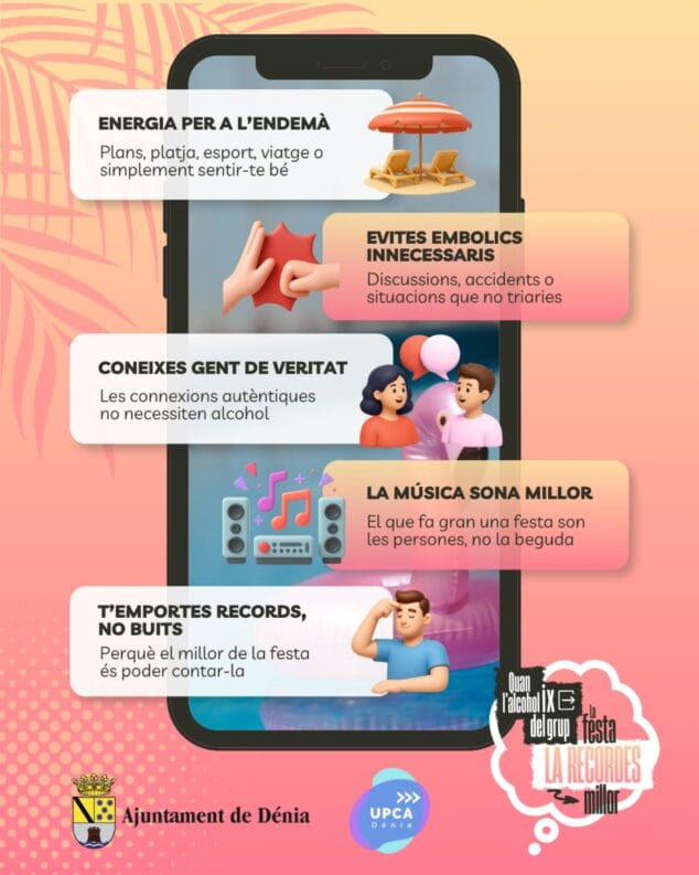Recuerdos en lugar de vacíos: la propuesta de Dénia para un ocio juvenil sin alcohol este agosto 3 Imagen: Infografía de la campaña del Ayuntamiento de Dénia "Quan l'alcohol IX del grup, la festa LA RECORDES millor", mostrando un móvil con cinco puntos sobre las ventajas de no beber alcohol en fiestas.
