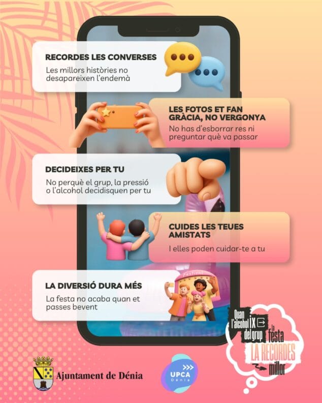 Recuerdos en lugar de vacíos: la propuesta de Dénia para un ocio juvenil sin alcohol este agosto 4 Imagen: Infografía de la campaña del Ayuntamiento de Dénia mostrando en un móvil cinco beneficios de disfrutar la fiesta sin alcohol.