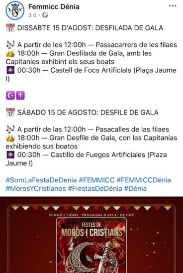 Publicación en las redes sociales de la FEMMICC de la mañana del 15 de agosto