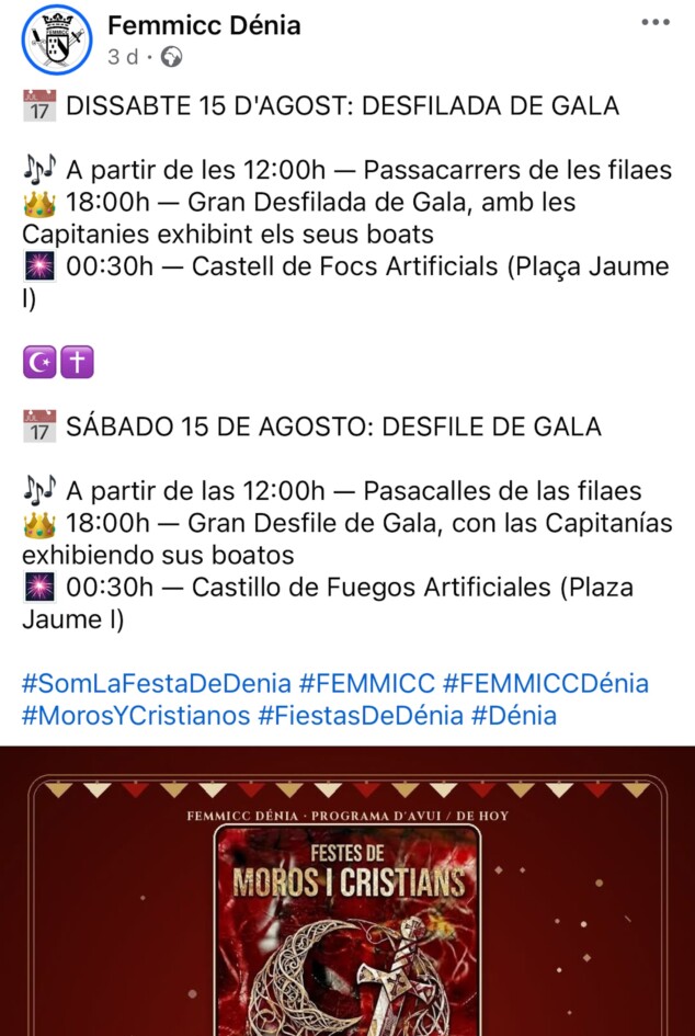 ¿Qué pasó con el castillo de fuegos artificiales de los Moros y Cristianos de Dénia? 3 Imagen: Publicación en las redes sociales de la FEMMICC de la mañana del 15 de agosto