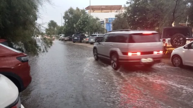 Una fuerte tormenta anega las calles de Dénia y provoca la caída de un árbol sobre varios vehículos 2 Imagen: Vehículos circulando por una de las calles anegadas tras la tromba de agua