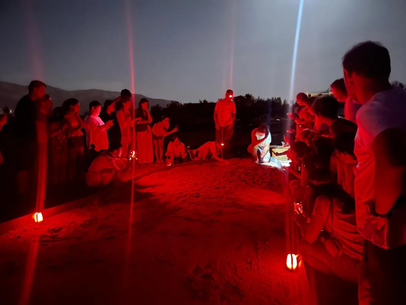 voluntarios y tecnicos de eucrante trabajan en el nido de diana bajo luz roja