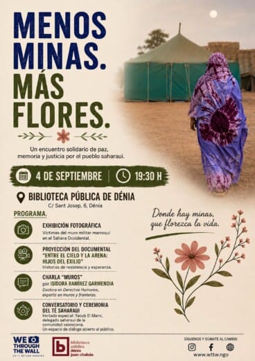 Cartel anunciador de la jornada solidaria «Menos minas. Más flores» en la Biblioteca Pública de Dénia