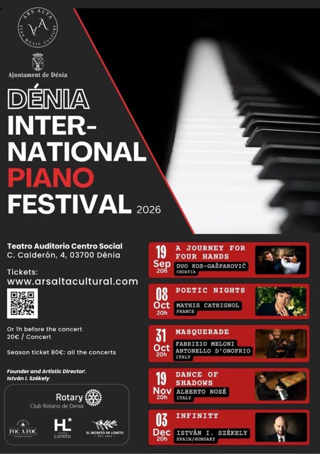 El Festival Internacional de Piano de Dénia arrenca el 19 de setembre amb beques per a joves i el II Premi Rotary a la Cultura 1 Imatge: Cartell anunciador del Dénia International Piano Festival 2026 amb tota la programació al Centre Social