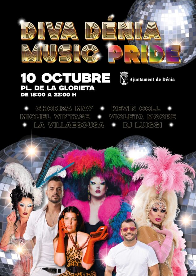 Imagen: Cartel del evento Diva Dénia Music Pride con fotos de los artistas drag y cantantes, fecha y lugar.