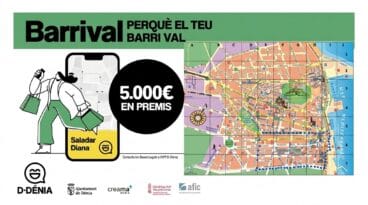 Cartel promocional de la campaña 'Barrival' en Dénia, con un mapa de los barrios Saladar y Diana, el texto '5.000€ EN PREMIS' y logos de las entidades organizadoras.