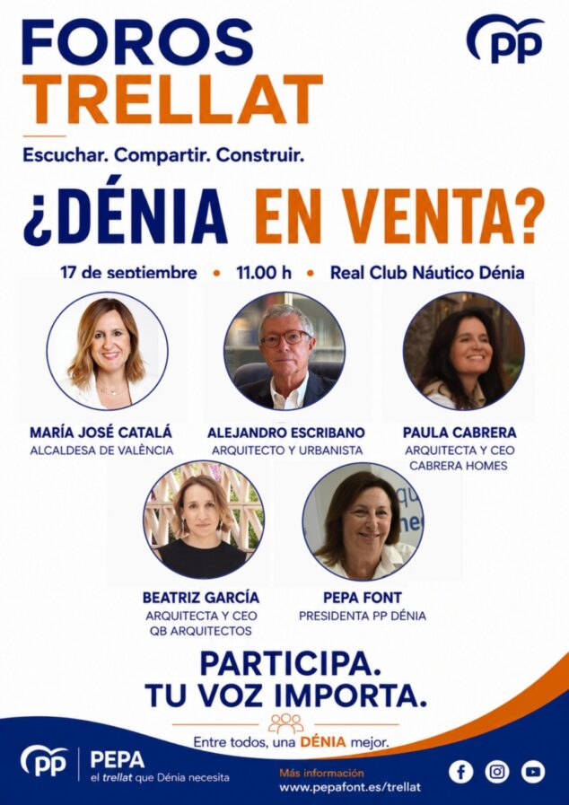 Dénia acogerá el primer foro «Trellat» para debatir su modelo urbano 1 Imagen: Cartel promocional de los Foros Trellat en Dénia, con fotos y nombres de los ponentes: María José Catalá, Alejandro Escribano, Paula Cabrera, Beatriz García y Pepa Font.