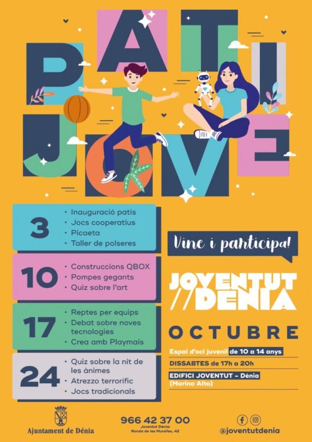 Dénia ofrece una renovada agenda de actividades para jóvenes de 12 a 30 años 2 Imagen: Cartel informativo con el calendario de actividades de 'Pati Jove' en Dénia para los sábados de octubre.