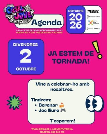 Cartel de la agenda de octubre y reapertura del Casal Jove de Dénia