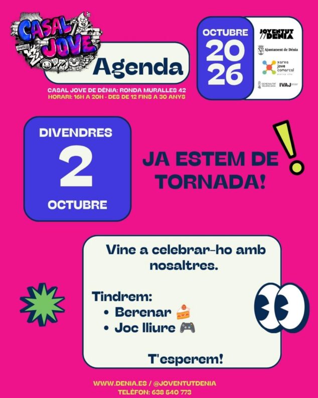 Dénia ofrece una renovada agenda de actividades para jóvenes de 12 a 30 años 1 Imagen: Cartel de la agenda de octubre y fiesta de reapertura del Casal Jove de Dénia