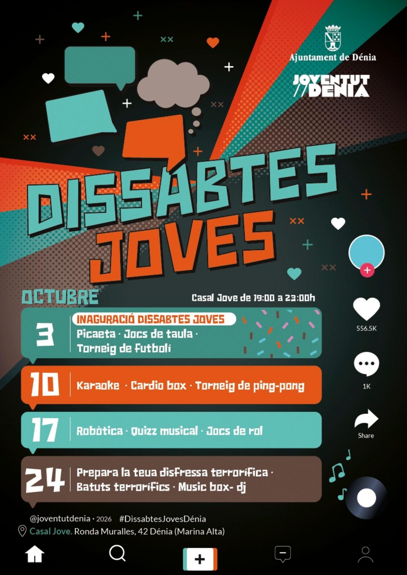 Cartell de la programació de 'Dissabtes Joves' a Dénia per a l'octubre de 2026