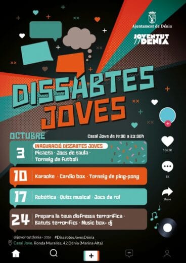 Cartell de la programació de ‘Dissabtes Joves’ a Dénia per a l’octubre de 2026