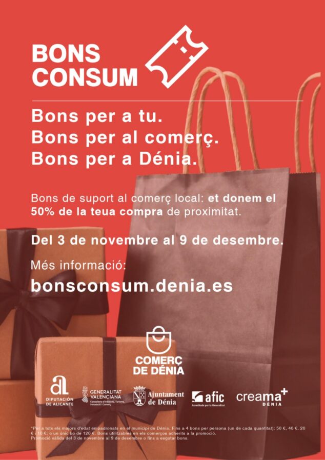 Vuelven los Bonos Consumo a Dénia: los vecinos podrán obtener hasta 120 euros para compras en el comercio local 1 Imagen: Cartel promocional en tonos rojos y marrones de la campaña Bons Consum Dénia, con texto informativo, bolsas de compra y logotipos institucionales.