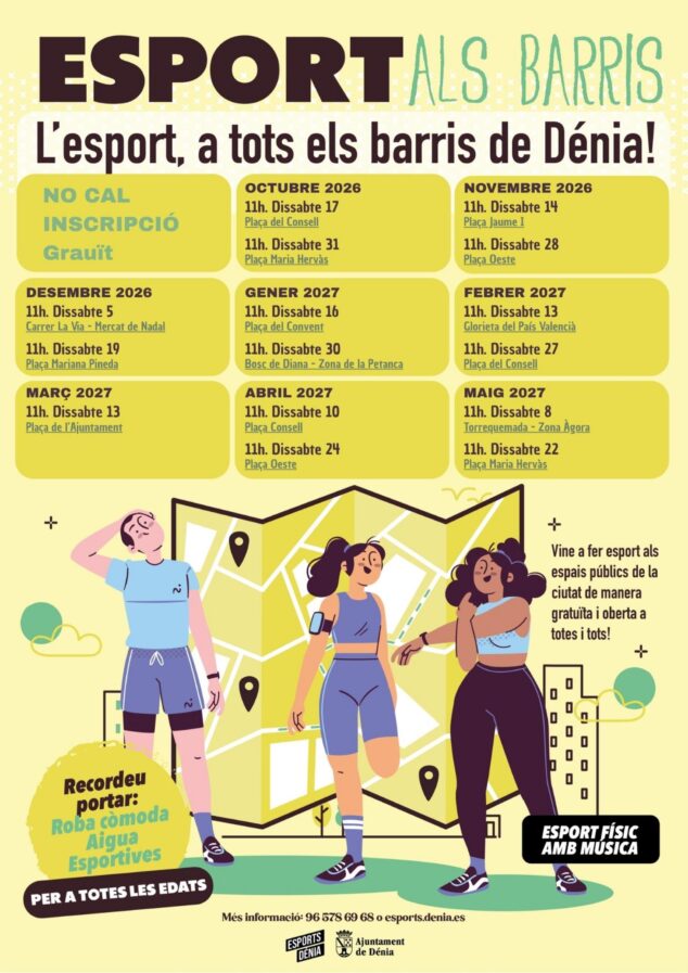 Arranca «Esport als barris» de Dénia, que extiende sus actividades a La Xara y Jesús Pobre 2 Imagen: Cartel de la campaña "Esport als Barris" de Dénia, con un calendario de eventos deportivos en plazas y parques desde octubre de 2026 hasta mayo de 2027.