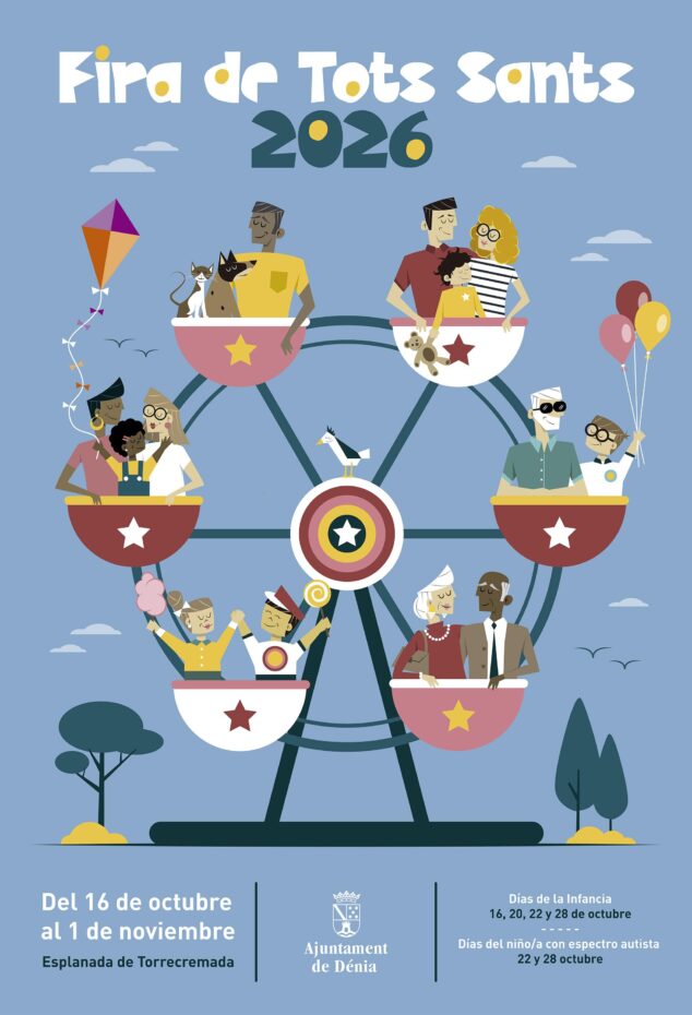 La Fira de Tots Sants de Dénia ya tiene fechas: estos son los horarios, días de descuentos y jornadas inclusivas 3 Ilustración del cartel de la Fira de Tots Sants Dénia 2026 con una noria y diversas personas, incluyendo fechas y el logo del Ayuntamiento.