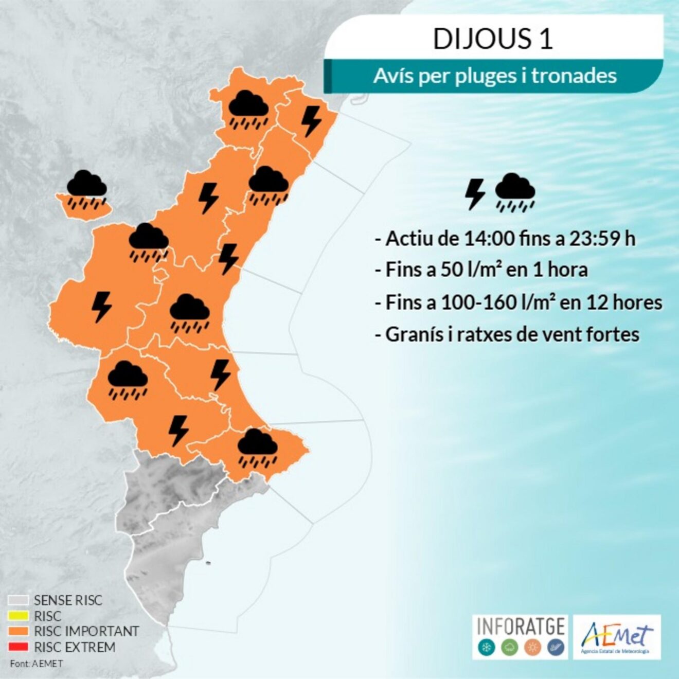 Infografía de la alerta naranja por lluvias y tormentas para el jueves 1 de octubre