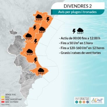 Mapa de alerta naranja por lluvias y tormentas en la Comunidad Valenciana