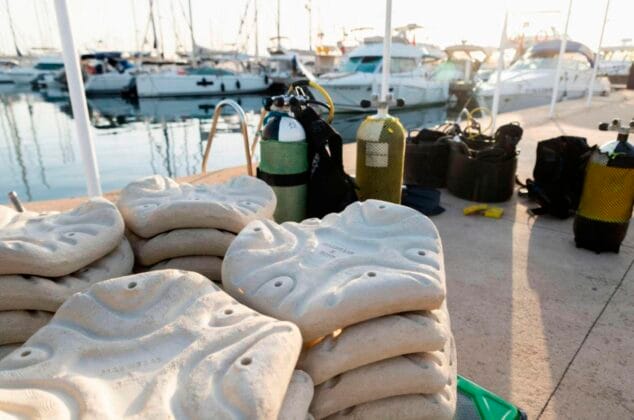Imagen: Piladas de estructuras modulares de hormigón Reef Matrix y equipos de buceo en un muelle del Real Club Náutico de Dénia.