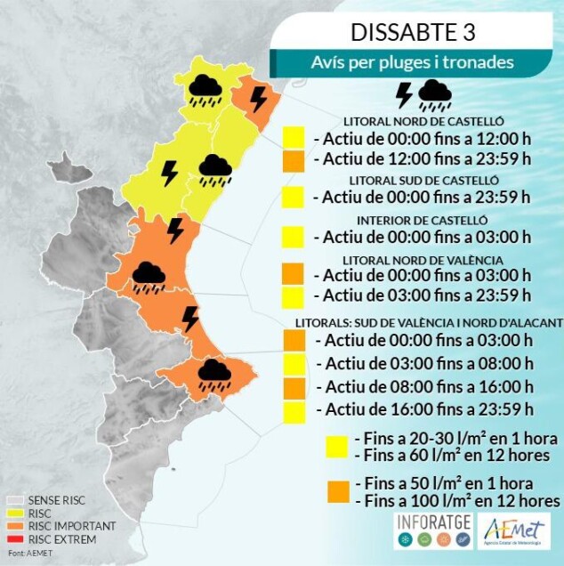Lluvias en Dénia: seis calles afectadas y con interrupciones del tráfico. 2 Imagen: Previsión meteorológica para el sábado 3 de octubre
